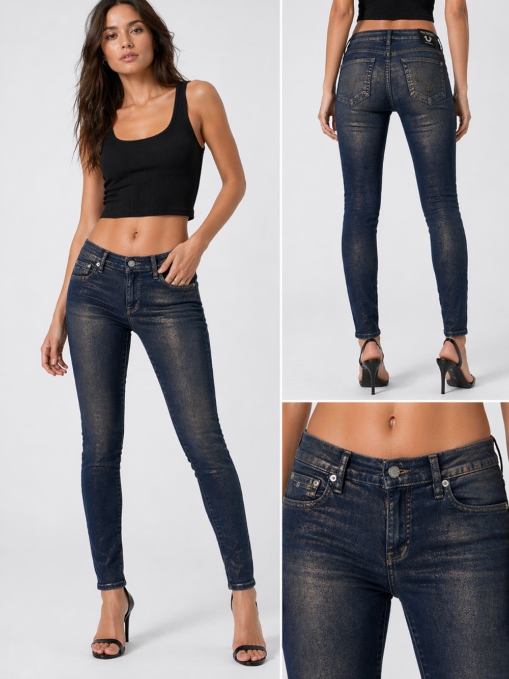 TRUE Religion Halle jeans mid rise super skinny metallic gold powder coated 26